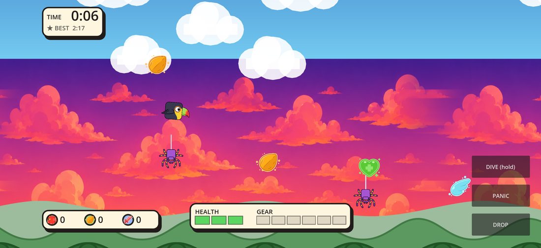 A toucan gliding through a sunset cloud band past spiders and a health pickup