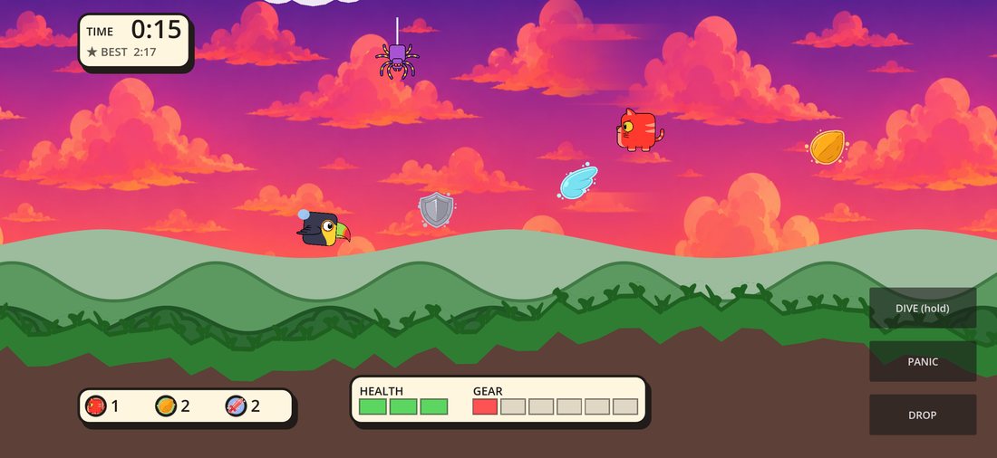 A busy sunset sky with several hazards and collectibles at once