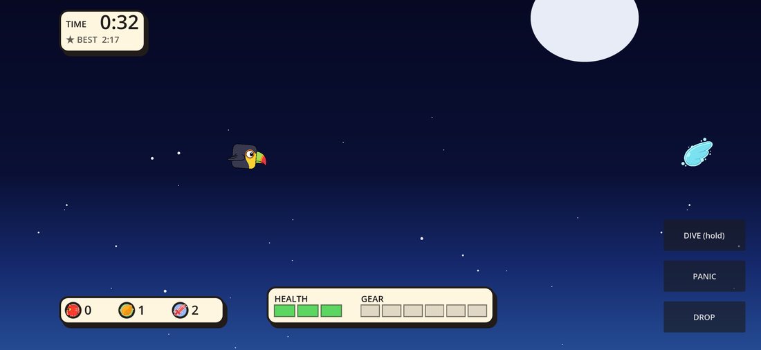 The bird high in a dark starfield with a planet and a drifting collectible