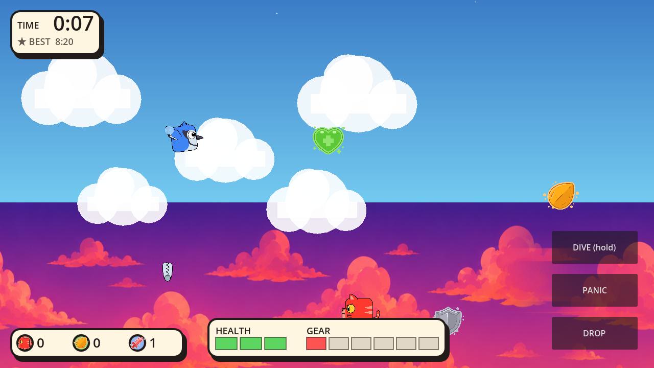 A blue jay gliding through the cloud band, a health pickup and a hazard ahead of it